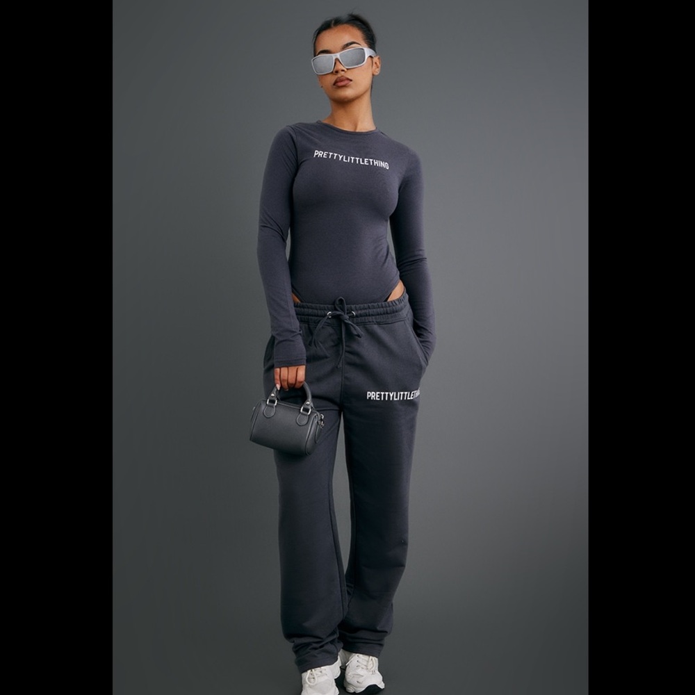 Pretty Little Thing Charcoal Bodysuit & Straight Leg Sweatpants Set